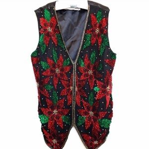Scala Vintage VTG poinsettia bead sequin silk vest